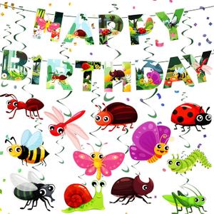25PCS Happy Birthday Banner - Bugs Hanging Swirls Insect Decoration for Kids Summer Bugs Insect Bee Butterfly Theme Party Supplies Decor