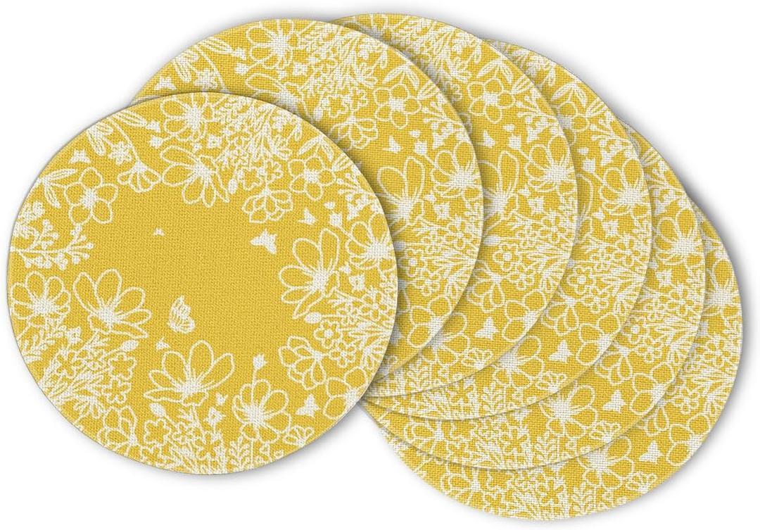 Artoid Mode Yellow Bloom Flowers Spring Round Placemats Set of 6, 14 Inch Summer Holiday Round Table Mats for Dining Decoration