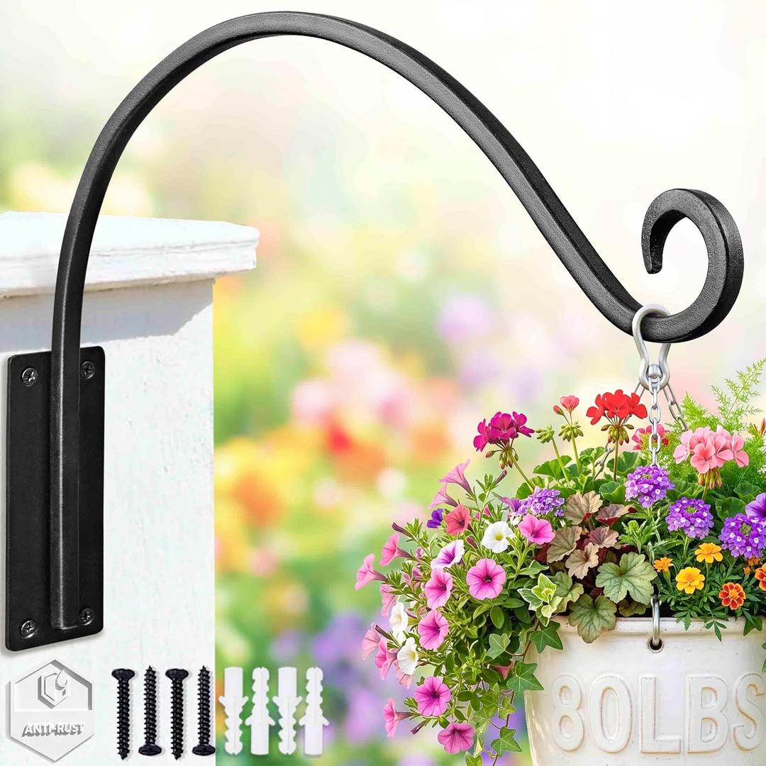 Qiang Ni Heavy-Duty Plant Hanger - 16 Inch 80lbs Metal Wall Mount Plant Bracket for Indoor Outdoor Hanging Bird Feeders, Flower Baskets, Lanterns, Black