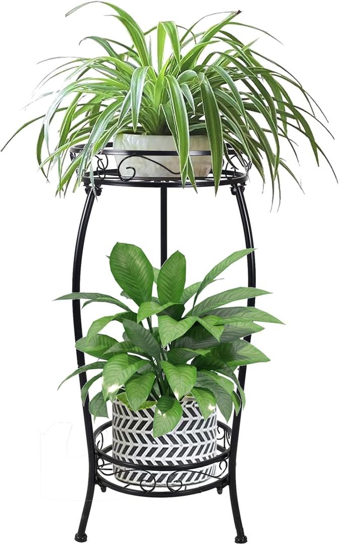 Plant Stand Indoor Outdoor 2 Tier 27" Tall Metal Potted Holder Flower Pot Stand Heavy Duty Plant Shelf Rustproof Iron Multiple Plant Round Supports Rack for Planter Corner Garden Balcony Patio