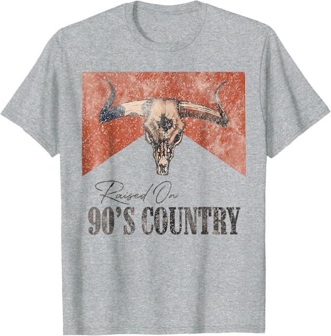 Vintage Western Bull Skull Raised On 90's Country Music T-Shirt, Large