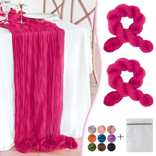 Waligoy Hot Pink Cheesecloth Table Runner 2 Pack 35" Boho Gauze Table Runner 120 inches Long Runner Rustic Sheer Fabric Bulk for Baby Shower Wedding Bridal Birthday Party Table Decorations