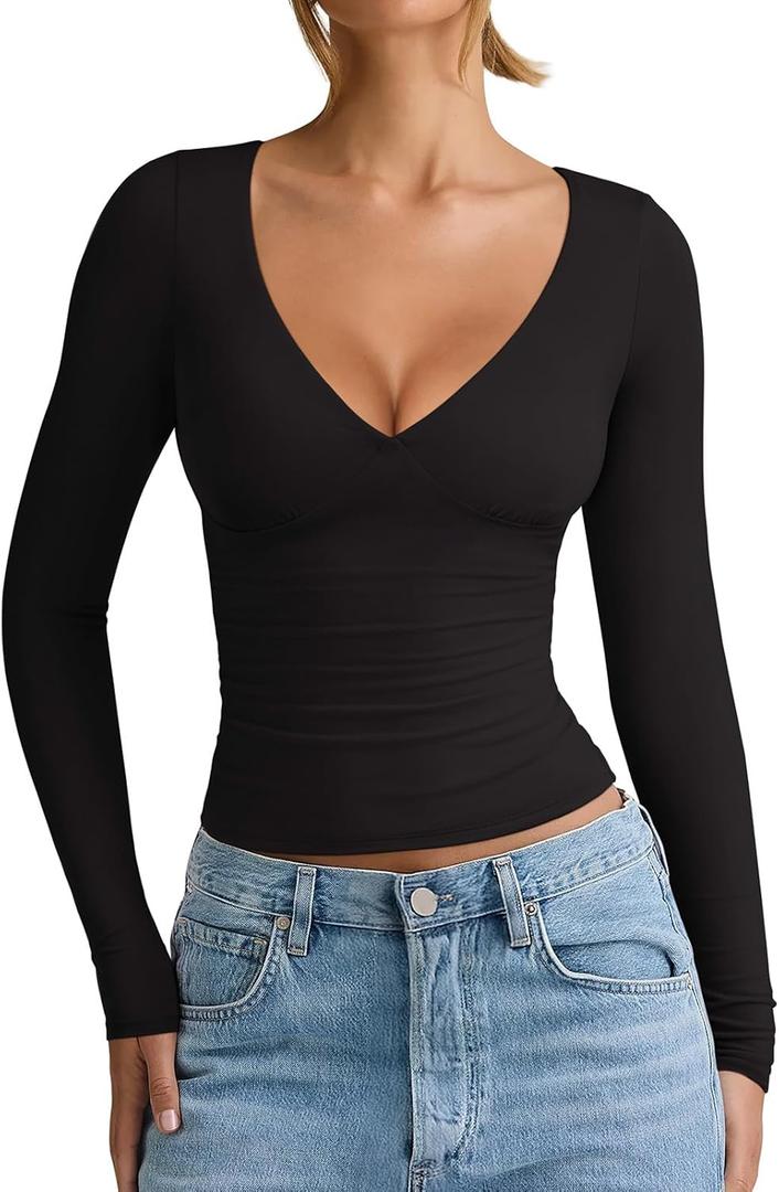 REORIA Womens 2026 Winter Fall Fashion Deep V Neck Long Sleeve Shirts Double Lined Casual Slim Fitted Going Out Tops (Small, Black)