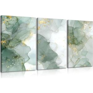 3Pcs Framed Sage Green Gold Canvas Wall Art Abstrac Marble Pictures Elegant Modern Living Room Posters Print Paintings Wall Decor Artwork for Bedroom Bathroom Office Home Decoration 16x24in (24L" x 16W")