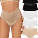 SHARICCA Women Seamless High Waist Underwear Sexy Floral Lace Thong Soft Comfortable Panties Pack (Large, 2black 2white 1skin)