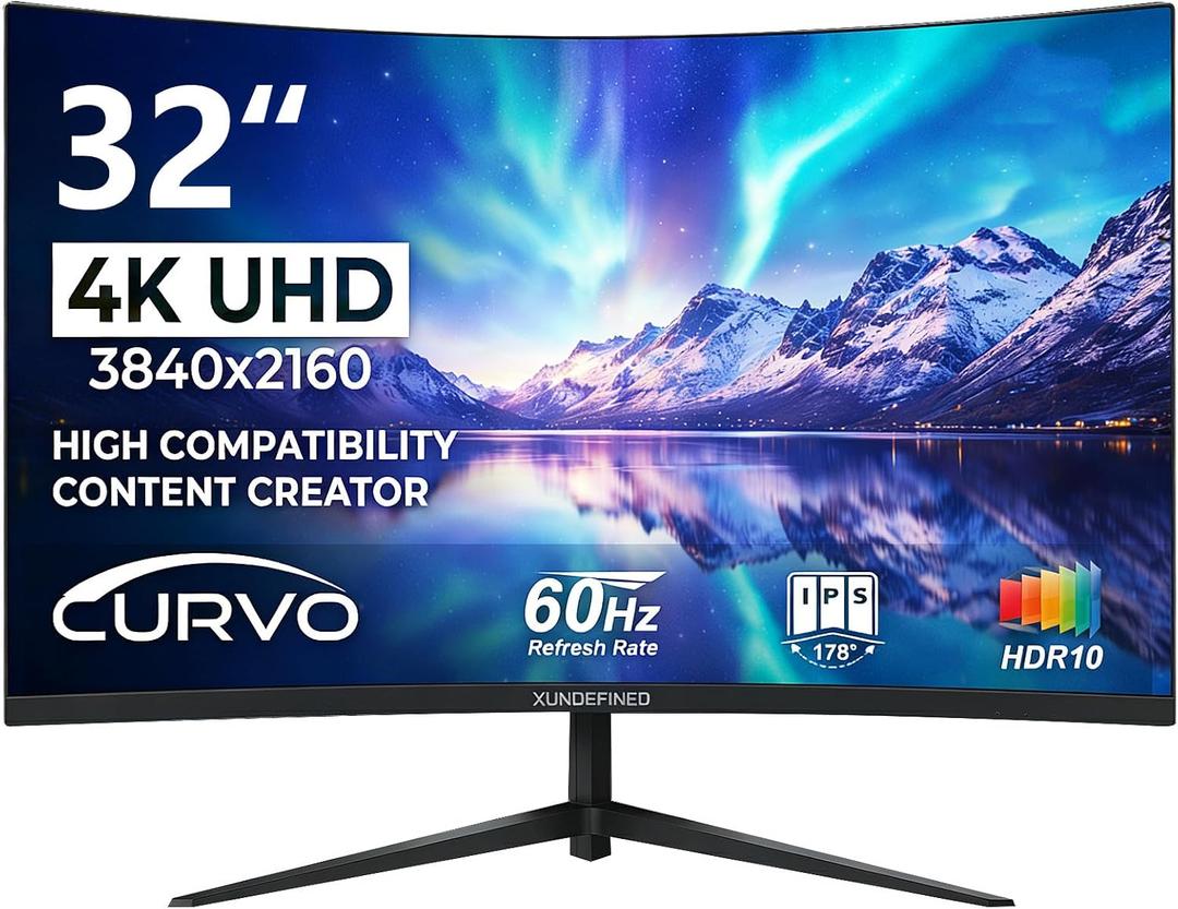 XUNDEFINED 32 Inch 4K 60Hz Curved Monitor, UHD(3840 x 2160) VA Computer Monitor, 3000:1 Contrast, sRGB 120%, Blue Light Filter, Free-Sync with HDMI, DisplayPort for Home and Office