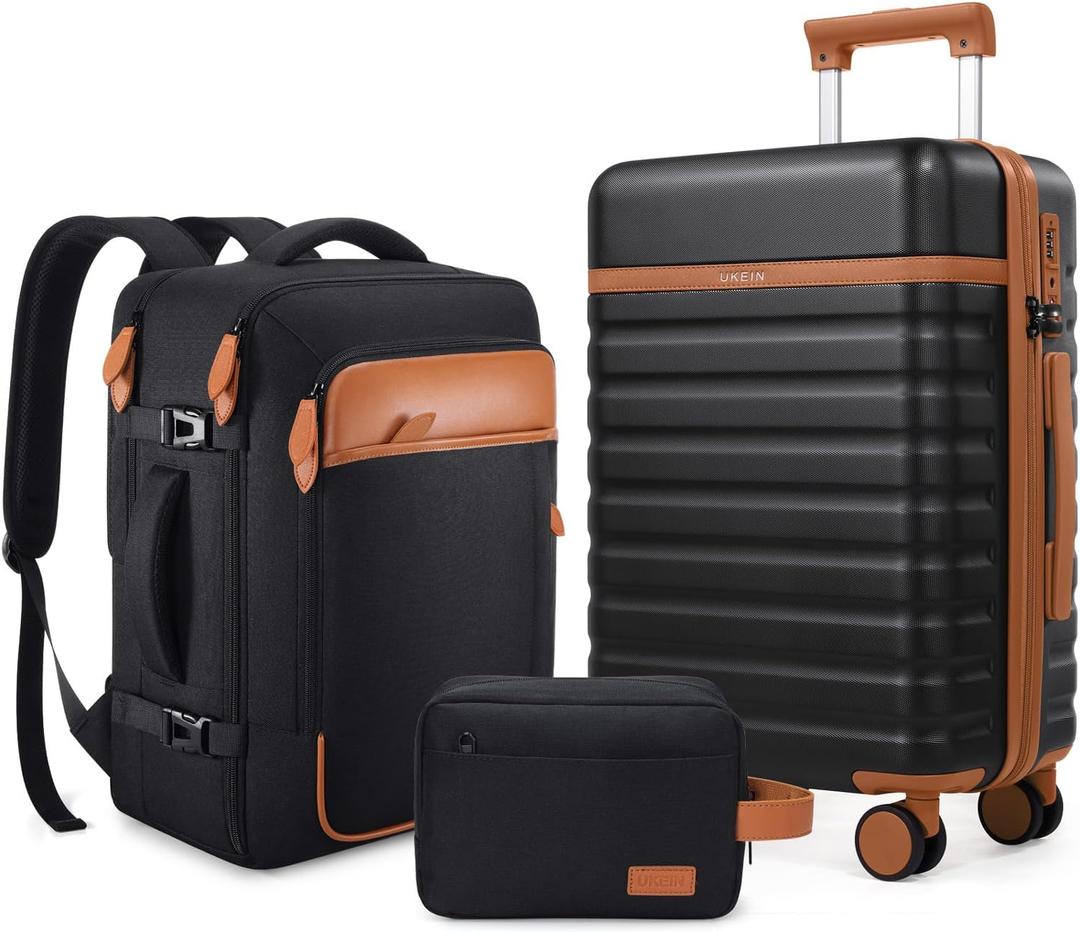 UKEIN Luggage Sets 3 Piece, PC Hardside Checked Luggage 24 Inch With Spinner Wheels with TSA Lock, Large Suitcase Set With Travel Backpack for Men (Black, 3 piece set (24inch))