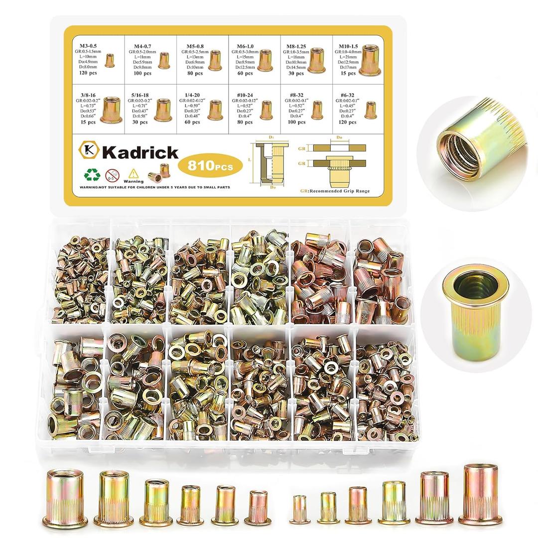 Kadrick Rivet Nut Kit, 810pcs SAE & Metric Rivet Nut Assortment Kit Galvanized Carbon Steel Flat Head Threaded Insert Nuts, Sizes 6-32 8-32 10-24 1/4"-20 5/16"-18 3/8"-16 M3 M4 M5 M6 M8 M10