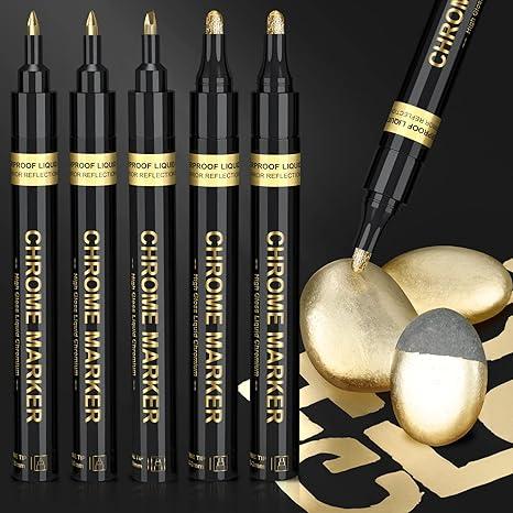KERIFI Liquid Gold Chrome Markers, Supper Golden Metallic Paint Pens, Reflective Gloss Permanent Mirror Markers for Model Repairing, Resin Metal Glass Plastic, DIY Art Projects Crafts (5 Pack, 1-3mm)