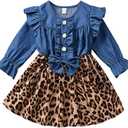 Toddler Baby Girl Denim Bowknot Dress Ruffled Button Dresses Outfit (6-12 Months, Blue & Leopard)
