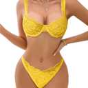 Lilosy Sexy Floral Lace Scallop Underwire Push Up Sheer Lingerie Set Outfits (Medium, Yellow)