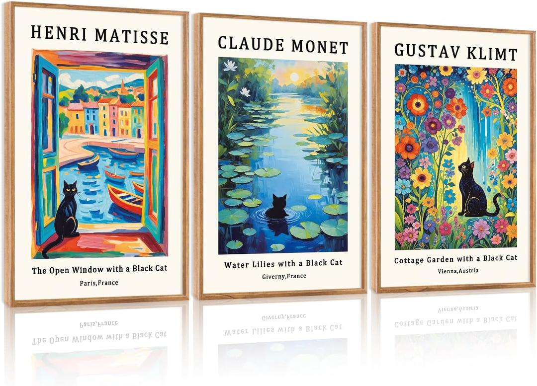 HOURIA Large Monet Water Lilies Black Cat Framed Canvas Wall Art Set, Abstract Matisse Window Black Cat Wall Decor Klimt Garden Flowers Cat Pictures Art Prints for Bedroom Living Room-16"x24"x3