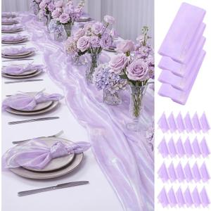 Gilprop 4 Set Purple Iridescent Table Runner 12 x 72 Inch Laser Mermaid Table Runner with 24 Pcs Iridescent Napkins Shiny Laser Desk Cover for Wedding Birthday Party Baby Shower Party Decor
