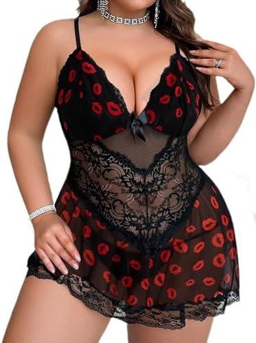 Alrovetoney Women Plus Size Babydoll Lingerie Lace Chemise Mesh Sleepwear Strappy Sexy Nightgown Boudoir Outfit 1XL