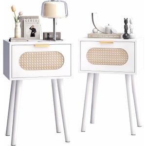 Nightstands Set of 2, Bedside Table with Rattan Door, Boho End Table with Solid Wood Legs for Bedroom, Living Room, Small Space Nightstands, White Color, HNS001W