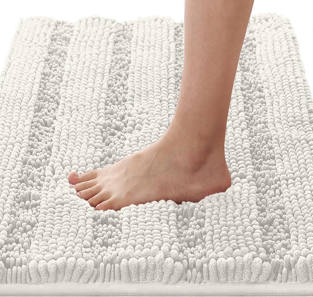 H.VERSAILTEX Bath Rugs for Bathroom Non Slip Bath Mats Extra Thick Chenille Striped Rug 20" x 32" Absorbent Non Skid Fluffy Soft Shaggy Washable Dry Fast Plush Mat for Indoor, Bath Room, Tub - Cream