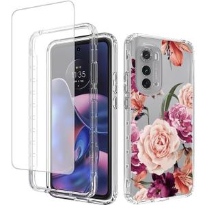 Case for Moto Edge 2022 / Moto Edge 2022 5G UW XT22051 Case with Tempered-Glass Screen Protector, Clear Floral Pattern Full Body Protective Cover for Motorola Moto Edge 2022 5G Purple Flower