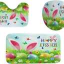 4 Pcs Easter Shower Curtain Set with Non-Slip Rugs, Toilet Lid Cover and Bath Mat, Cute Rabbit Ear Colorful Easter Eggs Shower Curtains with 12 Hooks (Green)