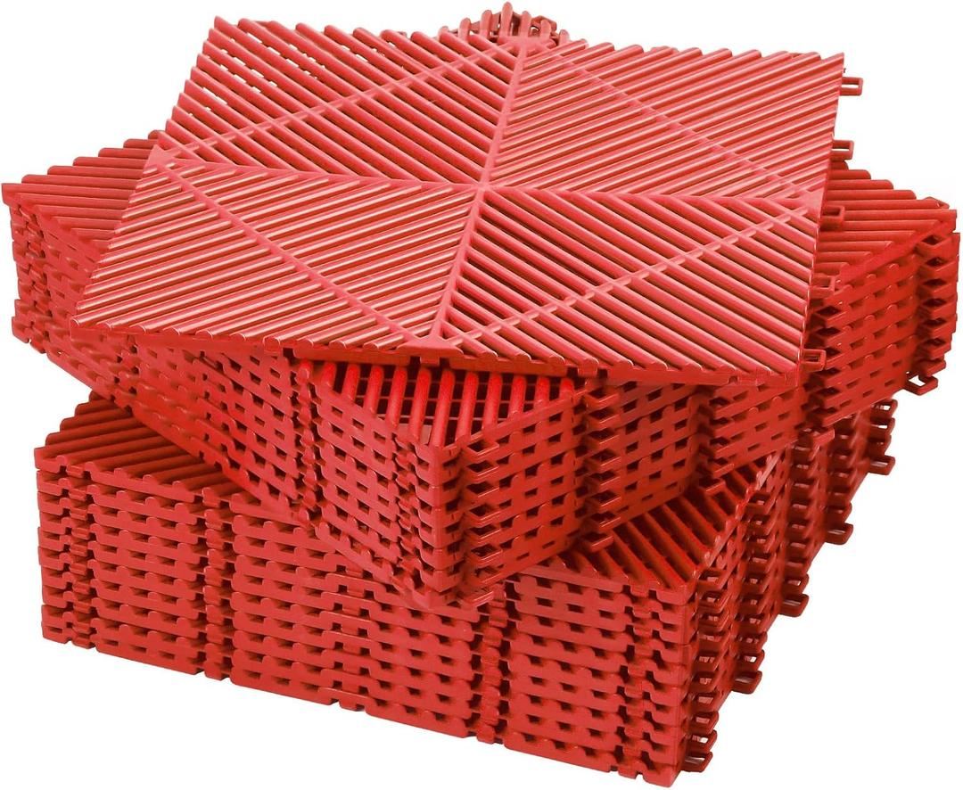 Barydat 72 Pcs 12'' x 12'' Garage Floor Tiles, Interlocking Drainage Flooring, Heavy Duty Non Slip Polypropylene, Easy Install for Garage Deck, Pool, Patio, Shower (Red)