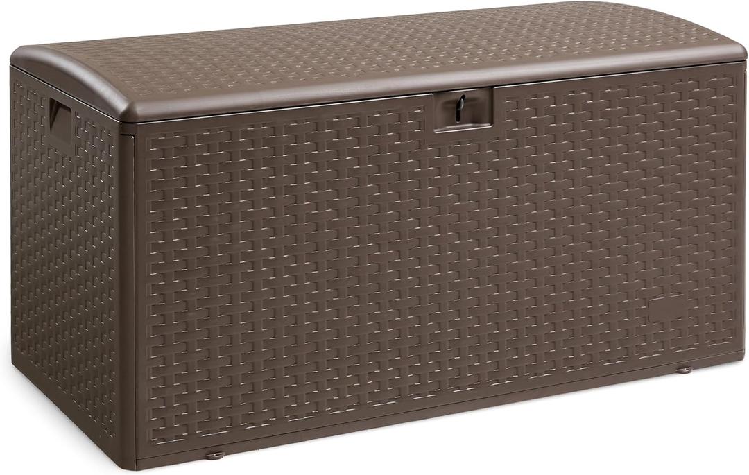 Amazon Basics Outdoor Patio Storage Box 99 Gallon Deck Box, Waterproof and Weather-resistant, Furniture Cushions Garden Tools, Brown