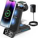 Wireless Charging Station - 4 in 1 Wireless Charger with Alarm Clock, Charging Stand Dock for iPhone 16 15 14 13 12 11 X 8, for AirPods 3 Pro, Apple Watch 9/8/7/6/5/SE/4/3/2 (Black)