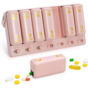 Weekly Pill Organizer 2 Times a Day, AM PM Travel Pill Organizer 7 Day for Vitamin Medicine Supplement Fish Oil, Pink Twice a Day Medicine Pill Box with a Rotatable Handle