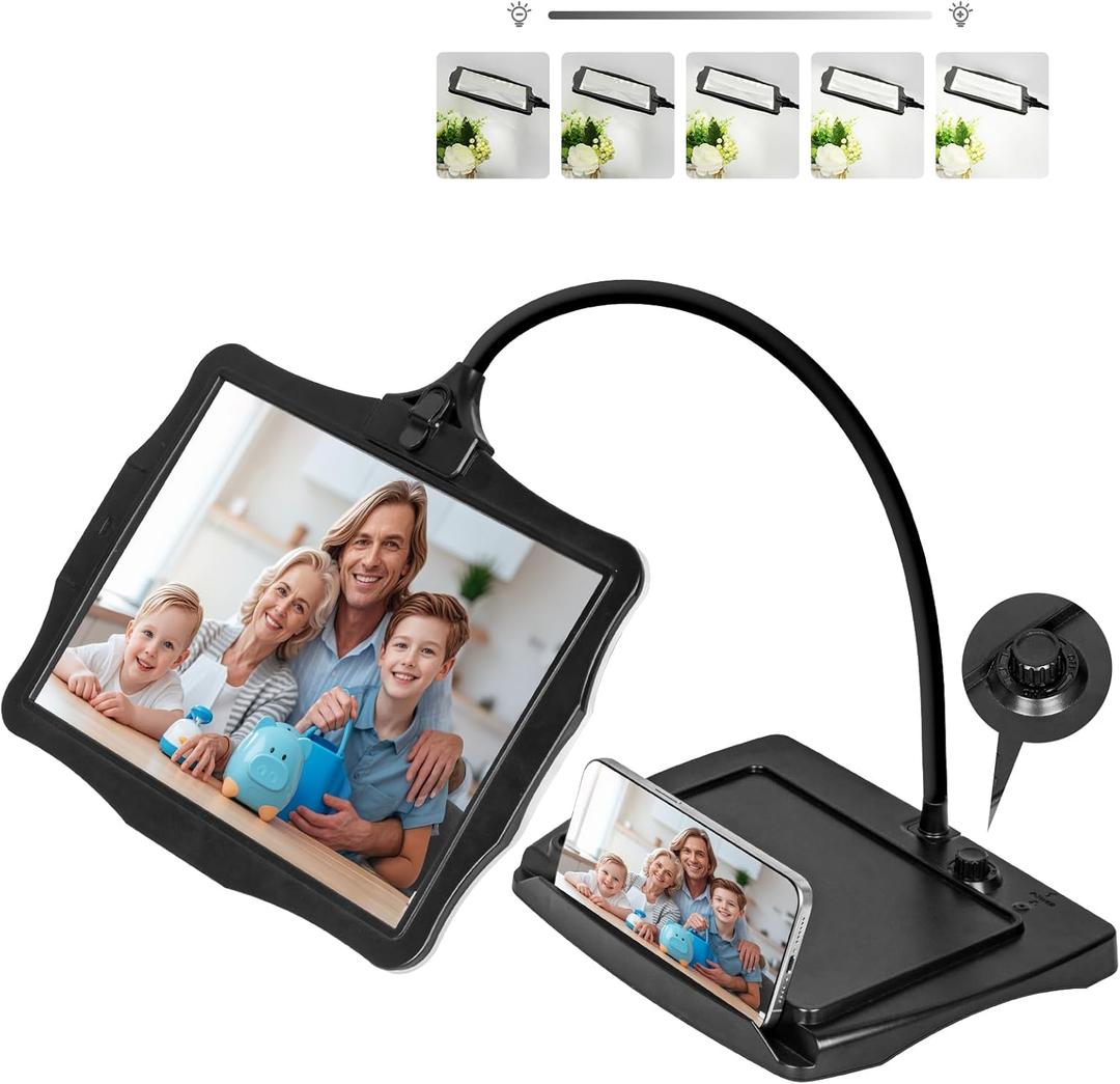 10X Rechargeable Full Page Magnifier for Reading, NUEYiO 10.6*7.8" Large Handheld Magnifying Glass with Light and Stand, 50 LED Lights & 3-IN-1 Gooseneck Magnifying Lamp for Seniors Close Work Craft (Black)