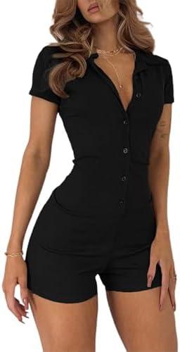 LilyCoco Womens Button Up Bodycon Romper Shorts Short Sleeve Collared Sexy One Piece Medium