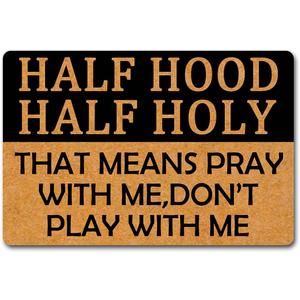 Welcome Mat Half Hood Half Holy Funny Doormat for Home Entrance (23.6 X 15.7 inch) Polypropylene Fabric Top with Rubber Back Doormat for Front Door Indoor Outdoor Rug