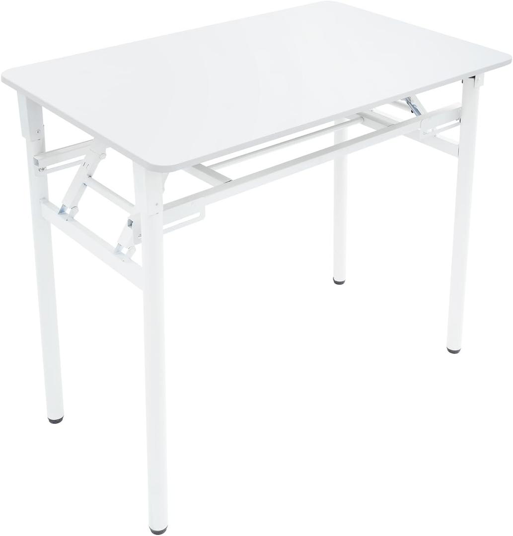 Eapmic 31.5 Inch Metal Folding Computer Desk, Space-Saving Study Writing Workstation, Small Foldable Desk with Storage Shelf for Home Office Craft, Writing, Study and Work (White)