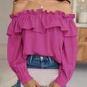 Prettywear Women's Sexy Off Shoulder Tops Long Sleeve Ruffle Blouse Flowy Going Out Shirt Oversized (Medium)