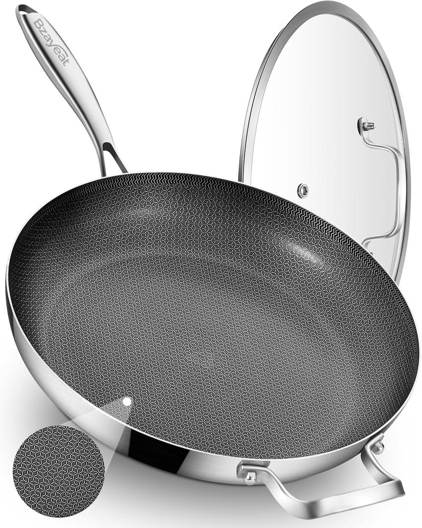 Bzayeat 13-Inch Nonstick Hybrid Frying Pan with Lid, Ceramic Coated Tri-Ply Stainless Steel Induction Chef's Pan, Large Skillet, PFOA Free, Oven & Dishwasher Safe for All Stoves, Detachable Handle
