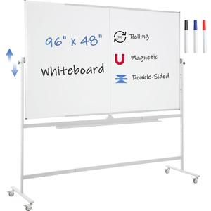 FORTUNO Large Magnetic Mobile Whiteboard 96"x48", Rolling Double Sided Stand Whiteboard on Wheels, Reversible Adjustable Height/Angle Dry Erase Board 8' x 4' Easel White Board for Office Classroom