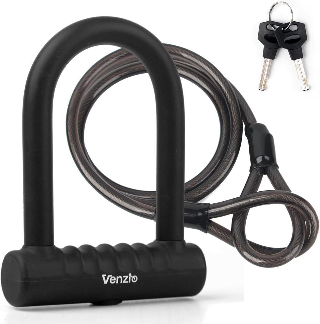 Venzio Heavy Duty U Lock Bike Set, Anti-Theft Bike Ulock with 14mm Shackle, 12mm5FT Steel Cable, Weatherproof U-Lock Set for Scooter, Bike, Motorcycle and Gate