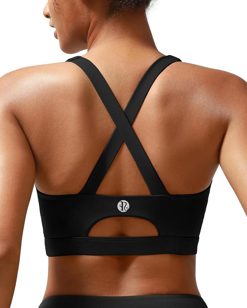 RUNNING GIRL Sports Bra for Women High Support,Molded Cup Strappy Running Sports Bras with Sewn in Pads (Black, L)