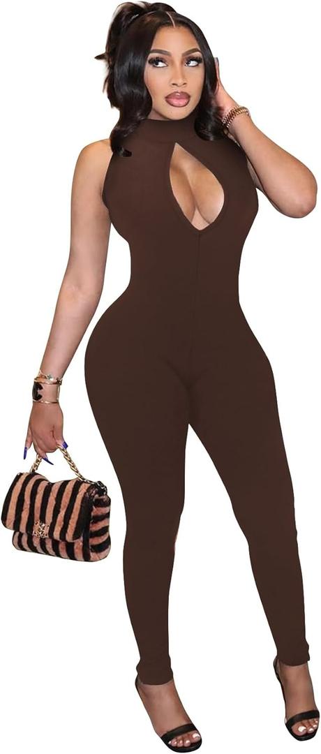 Hafailia Womens Sexy Sleeveless One Piece Jumpsuits Cutout Bodycon High Waisted Club Outfits Catsuits (Brown, L)