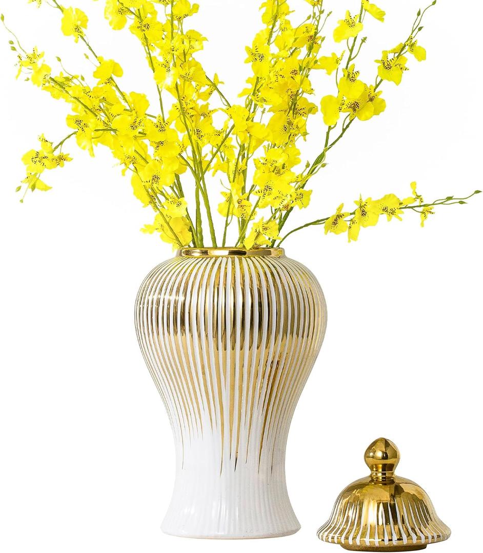 Ginger Jar, Decorative Porcelain Ginger Jar Vase with Lid, White Gold Ceramic Floor Vase for Decor Decor, Kitchen, Bookshelf Decor, Storage Jar(14in)