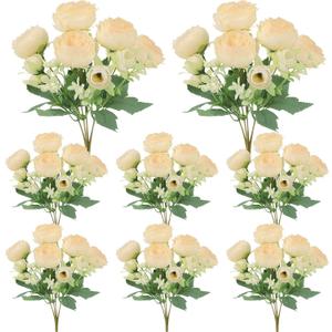 8 Pack Champagne Peonies Artificial Flowers, Cream Fake Silk Hydrangea Bouquet for Bridal Wedding Home Table Decor Reusable Dining Opening Ceremony Birthday Arrangement Faux Floral