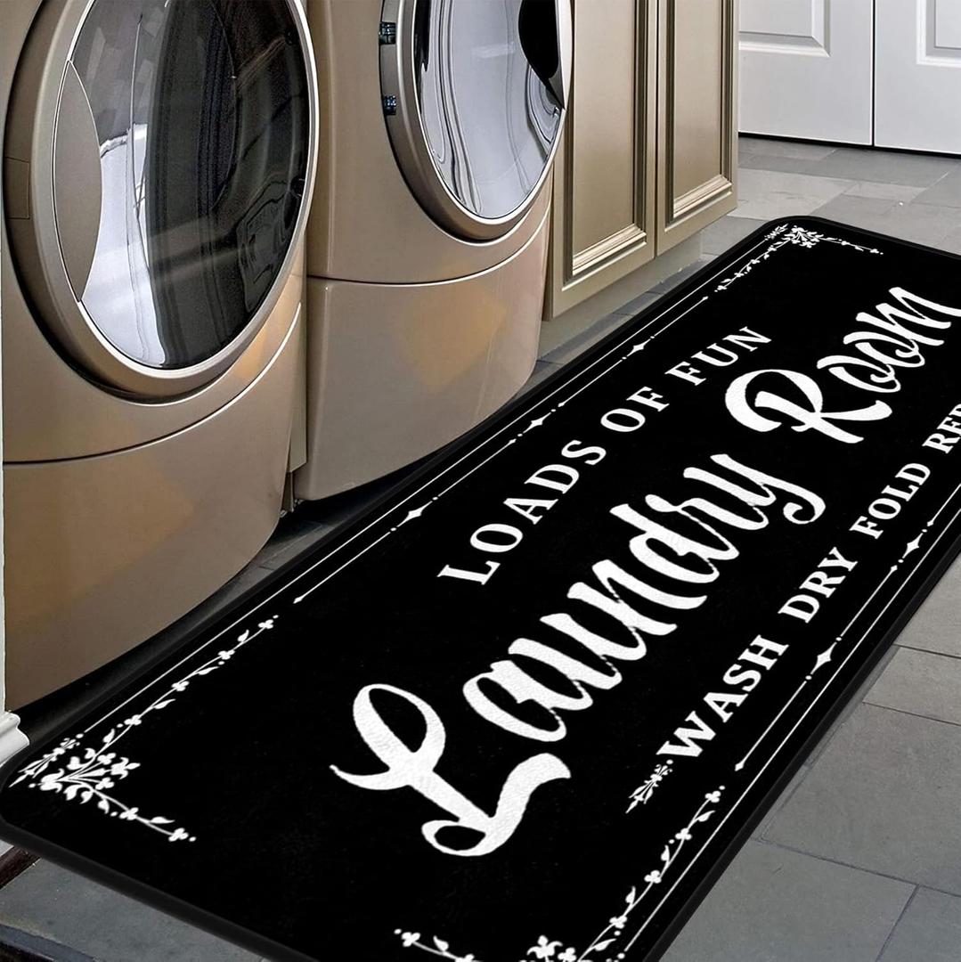 Black-1 Farmhouse Laundry Room Rug Runner, Non-Slip Floor Mat, Waterproof for Kitchen, Bathroom, and Mudroom Decor 20''x48''