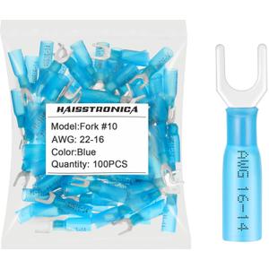 Haisstronica 100pcs #10 Blue Marine Grade Heat Shrink Fork Connectors,16-14 Gauge Insulated Electrical Crimp Wire Terminals