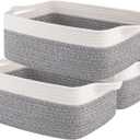 OIAHOMY 3 Pack Storage Baskets for Organizing, Woven Cotton Rope Basket for Shelves, Closet Organizer Bins with Handles, Rectangle Toy Organization, 13.78''9.84''5.5'', Grey & White