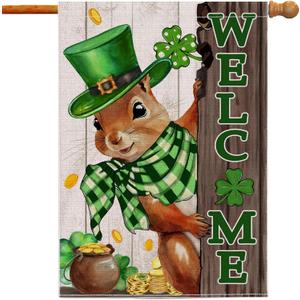 St Patricks Day Flag 28x40 Inch Double Sided Outside, The Squirrel Lucky Shamrock Burlap Flags Decorations, Green Hat with Clovers Gold Coin Pot Outdoor Decor