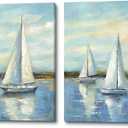 Bedroom Sailboat Canvas Wall Art: 2 Piece Ocean Nautical Painting Coastal landscape Textured Picture Seascape Artwork for living room Bathroom