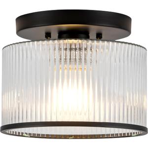 Zlepmlla Glass Ceiling Light, Clear Ribbed Glass Ceiling Light Fixture with Black Metal Frame, Modern Semi Flush Mount Ceiling Light for Hallway, Bedroom, Bathroom, Entryway, Kitchen