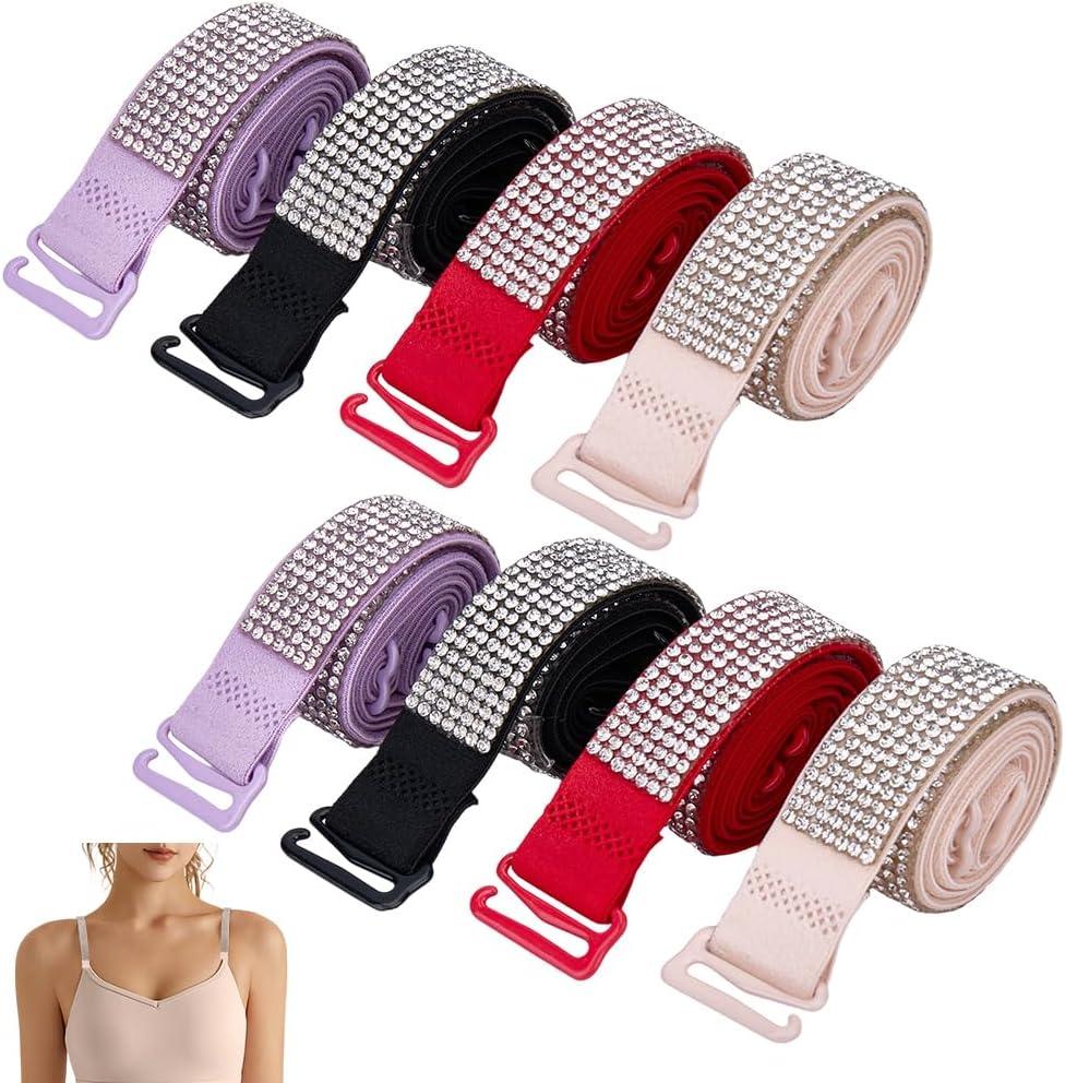 CABODYALS 4 Pairs 4 Colors Rhinestone Bra Strap Non Slip Elastic Replacement Glitter Bling Shiny Sexy Invisiable Shoulder Straps Adjustable Bulk for Women Tops Dress Wedding Birthda Ladies Lingerie