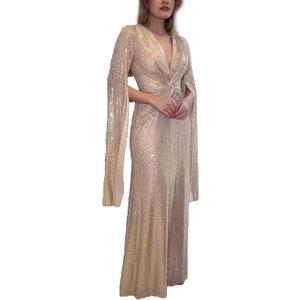 xxxiticat Women's Sequin Prom Dress Long Cape Sleeve V Neck Front Twist Knot Evening Party Wedding Slit Maxi Gown Dresses (Medium, Gold)
