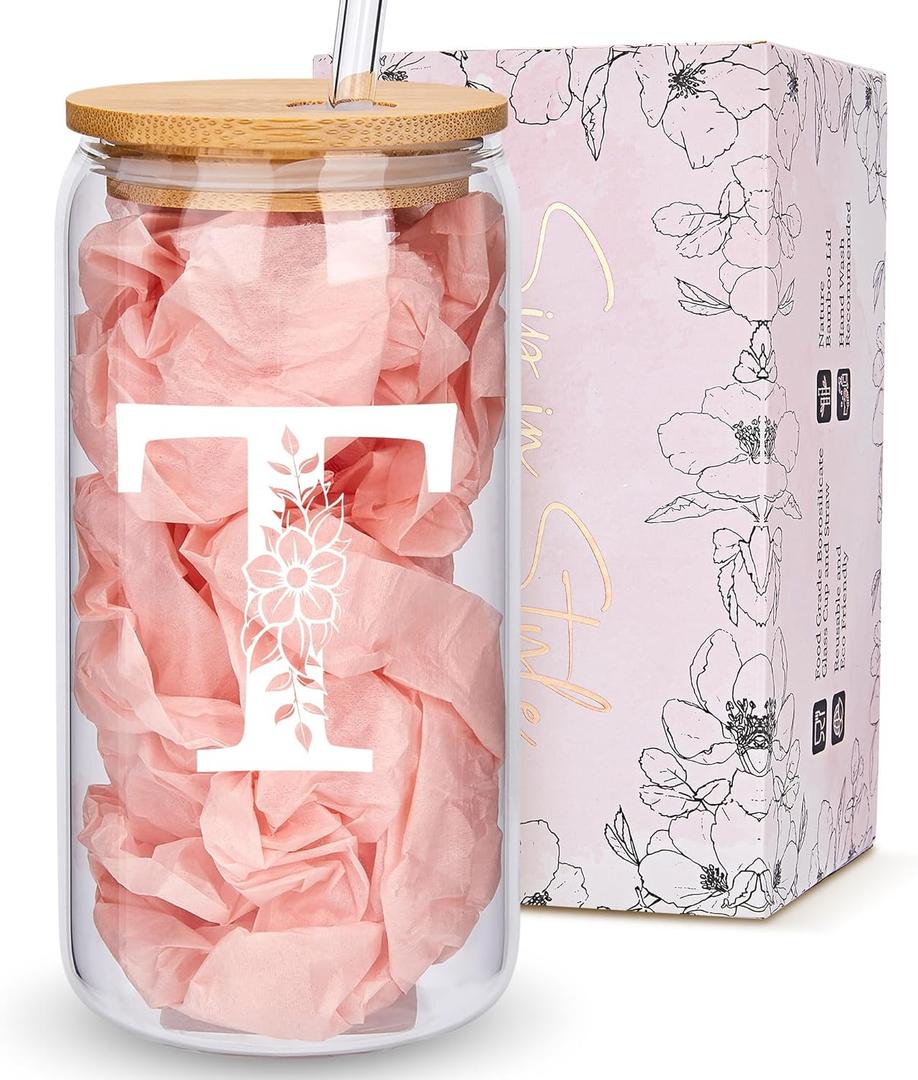Personalized Gifts for Women, Monogrammed Glass Cups with Lids and Straws, Custom Tumbler, Cute Customized Mug, Aesthetic Stuff, Initial Iced Coffee Cup, Drinking Glasses, Birthday Teacher Gifts, T Clear