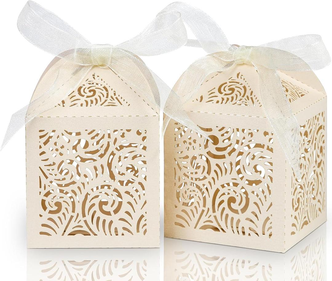 COTOPHER 100Pcs Laser Cut Favor Boxes, 2x2x2.75in Small Gift Boxes for Presents, Party Wedding Favors Boxes with Ribbon, Mini Candy Boxes for Event Bridal Shower Anniversary Birthday Christmas, Beige