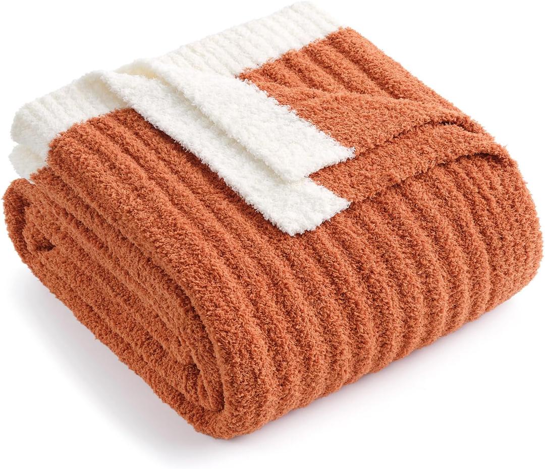 Snuggle Sac Ribbed Burnt Orange Fall Throw Blanket for Couch, Fuzzy Microfiber Knit Blankets for Couch, Sofa, Travel, Burnt Orange, 50x60 inches