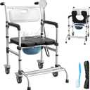 4-in-1 Rolling Bedside Commode Chair with Wheels for Seniors, Heavy Duty Shower Chair with Handles, Adjustable Height Raised Toilet Seat for Elderly and Disabled, Support 350 lbs (Black)